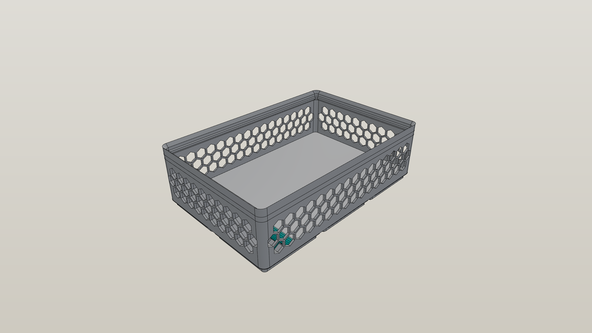 Gridfinity bin with honeycomb wall pattern and scoop ramp rendered in the bin generator's 3D preview