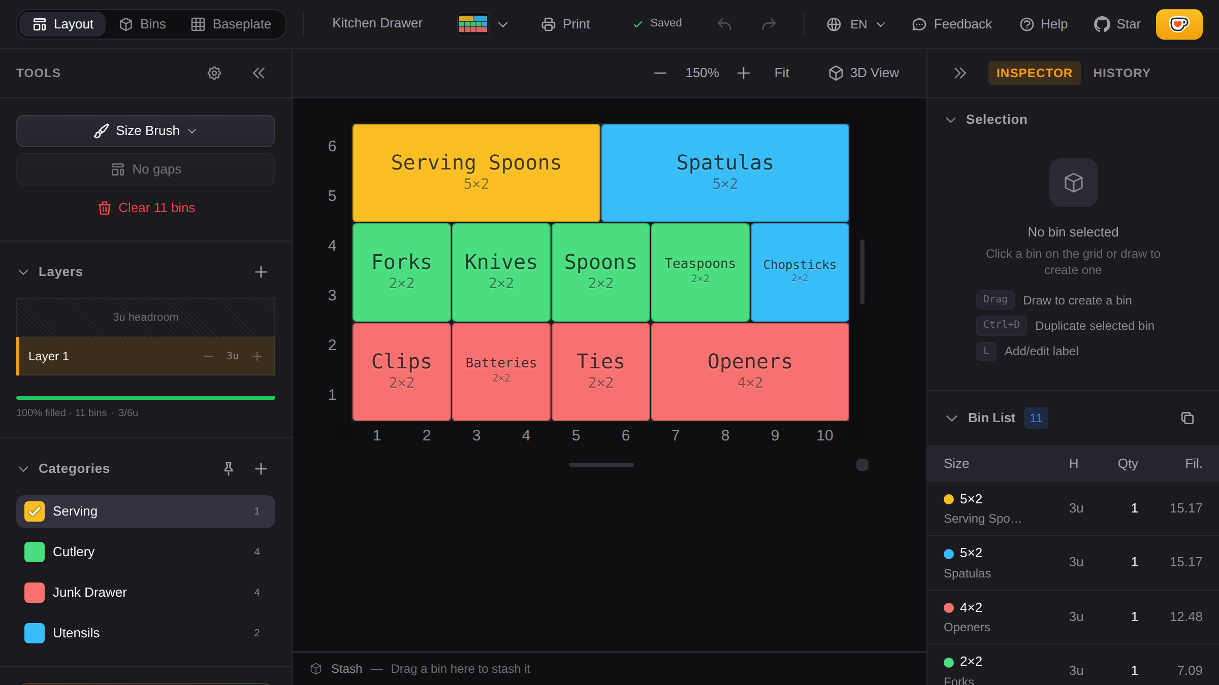 Gridfinity layout planner showing a kitchen drawer organized with long utensil bins, cutlery trays, and small bins for clips and ties