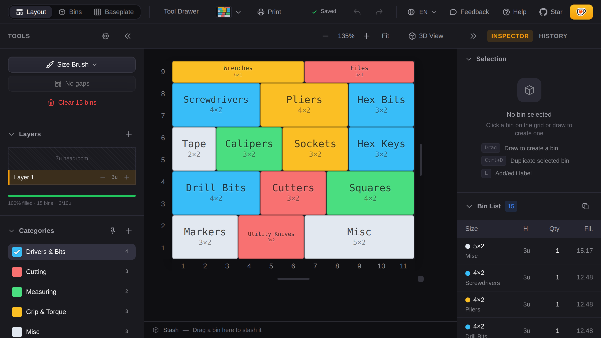 Gridfinity layout planner showing a tool drawer organized with color-coded bins for screwdrivers, bits, pliers, and measuring tools